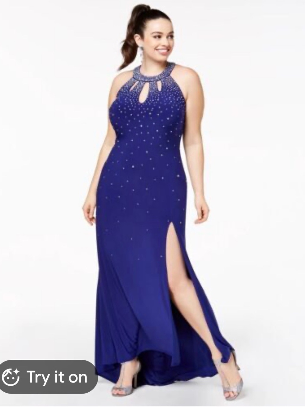 Morgan & Co. Sapphire Blue Halter Prom Gown with Beaded Neckline